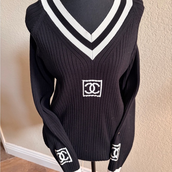 None Accessories - Black V-Neck Ribbed Sweater with White Trim and Logo Accents